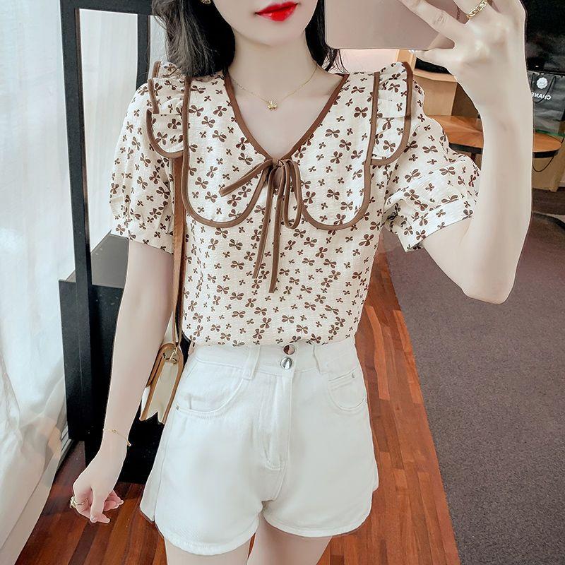 WTEMPO Brand Small Floral Shirts with Matching Doll Collar Summer Ladies' Tops Fashionable and Versatile Lapel Short-sleeved Shirts