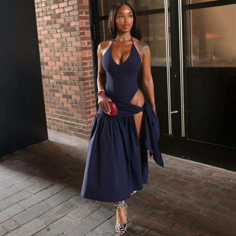 

Летний комплект из 2 предметов, женский комбинезон, сексуальная юбка на шнуровке с высокой талией, костюмы для женщин, бандажные полые пляжные юбки и боди для отдыха тёмно-синий