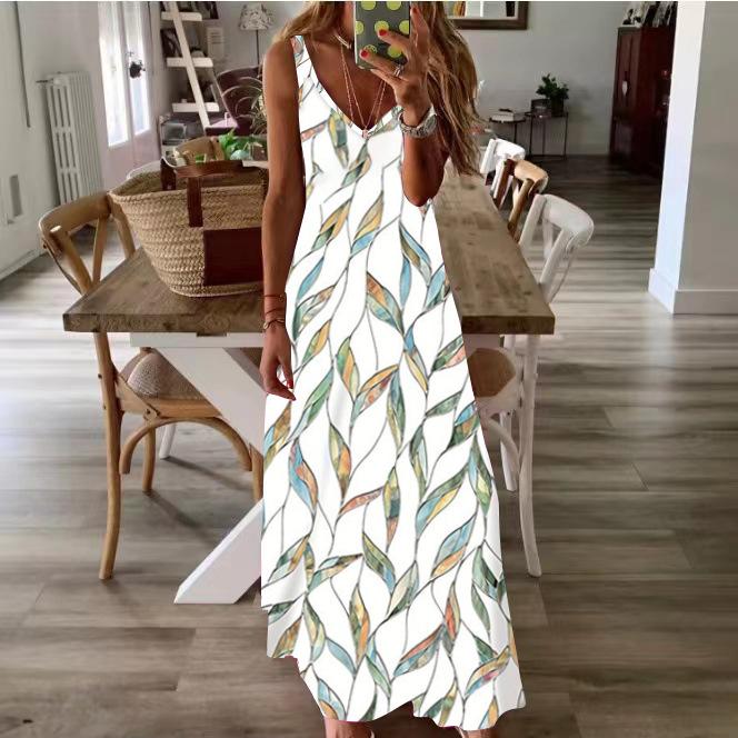 Damen Floral Maxikleid V-Ausschnitt Spaghettiträger Ärmellos Lockerer Schnitt Sommer Strandurlaub Langes Kleid