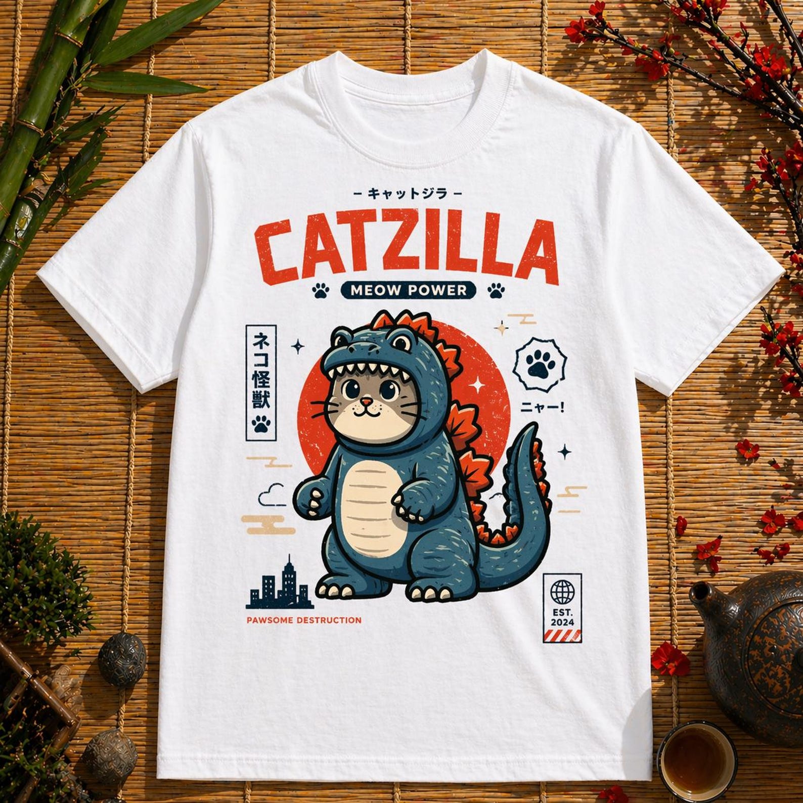 Catzilla Meow Power T-Shirt – Japanese Kaiju Cat Graphic Tee 3XL
