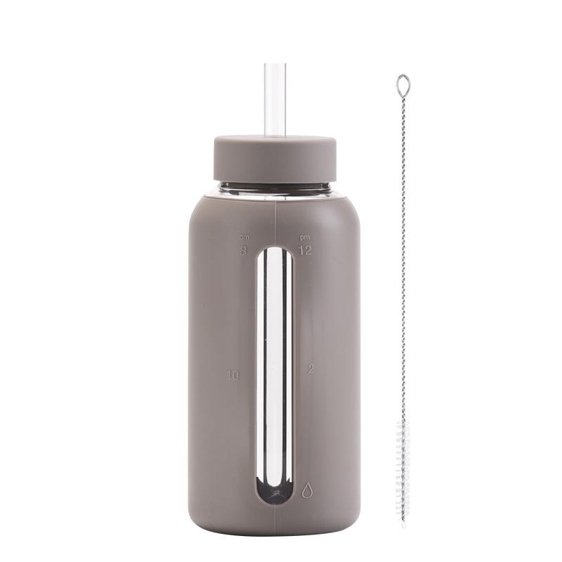 Szklany Silikonowy Pokrowiec Skala Czasowa Kubek na Wodę ze Słomką 800 ml Duża Pojemność Przenośny Kubek Outdoorowy