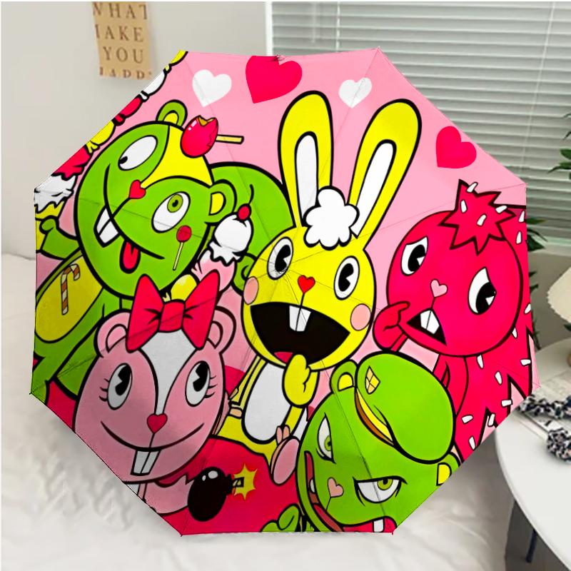 Happy Tree Friends3 Print Automatic Umbrella, 8 Rib Iron Frame, Plastic Handle, Suitable for Outdoor Travel &Daily , Ideal Gift