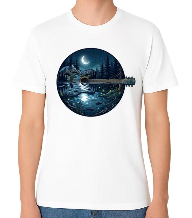 Acoustic Guitar Night Forest Art Unisex T-Shirt Music Top Nature Graphic Tee M