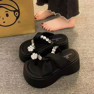Sandalen dames buitenkleding zomer nieuw klein dikke zool hoge hak strass bedekt teen koele pantoffels