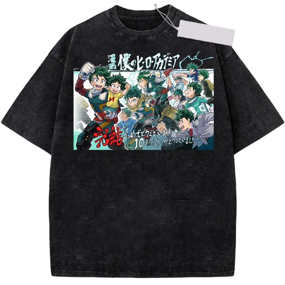 Anime My Hero Academia Midoriya Izuku OCHACO URARAKA Graphic Print T-Shirt Men Women Retro Washed O-neck Cotton Loose Casual Oversized Summer New Tee
