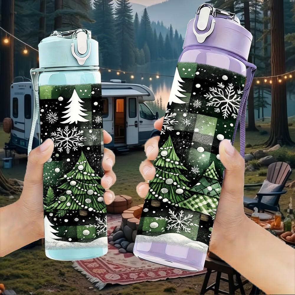 1PC Snowy Pine Tree Winter Forest Art 750ml Color Plastic Sports Water Bottle Leakproof Flip Straw Lid Suitable for Sports Office Home Use