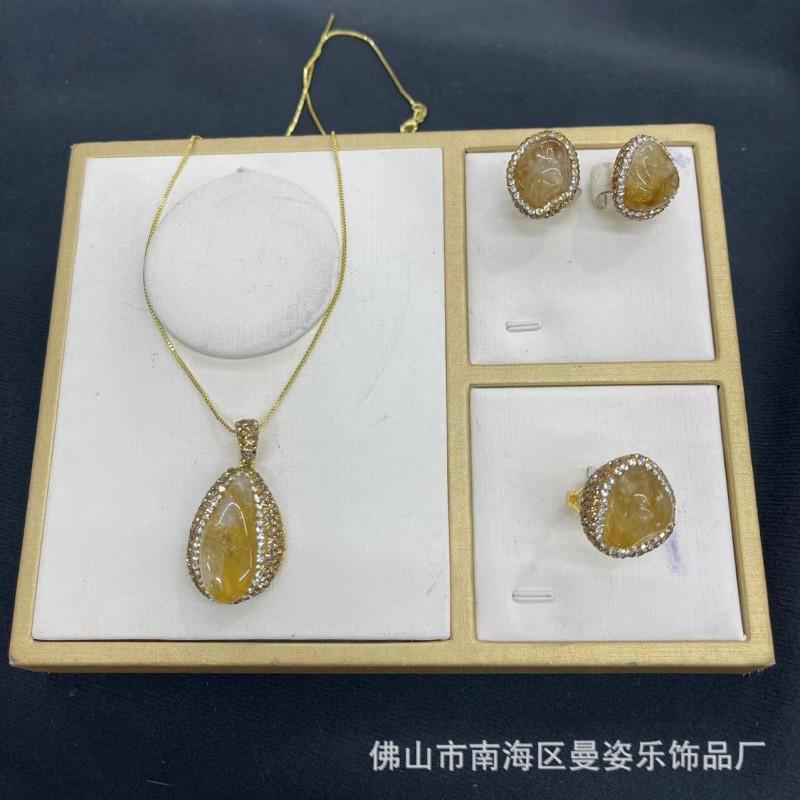 Natural Citrine Rough Stone Set Women Ear Cuff Necklace Bracelet Trio Original Design Jewelry With Agate Pendant Snake