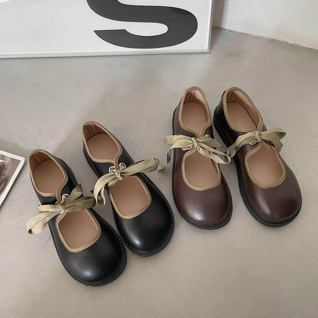 Popular Brown Round Head Lace-up Flat Jk Single Shoes Mary Jane Single Shoes 2025 New Japanese High-end Small Leather Shoes Women