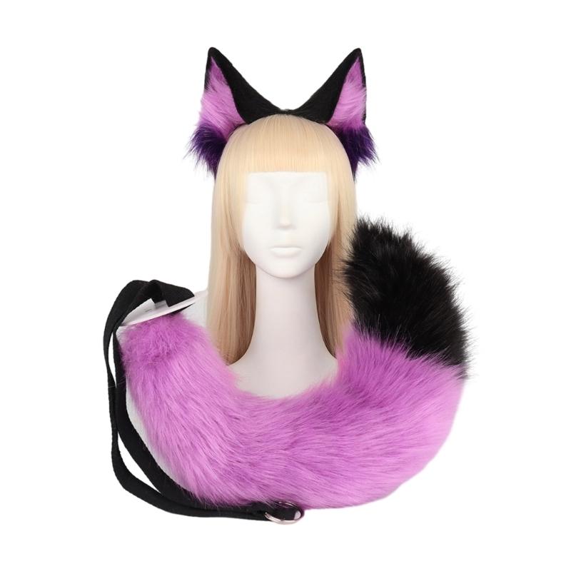 Anime-Cosplay Props Foxes Ears and Tail Set Plush Furry Animal Ears Hairhoop with Foxes Tail Fancy-Dress Party Costumes