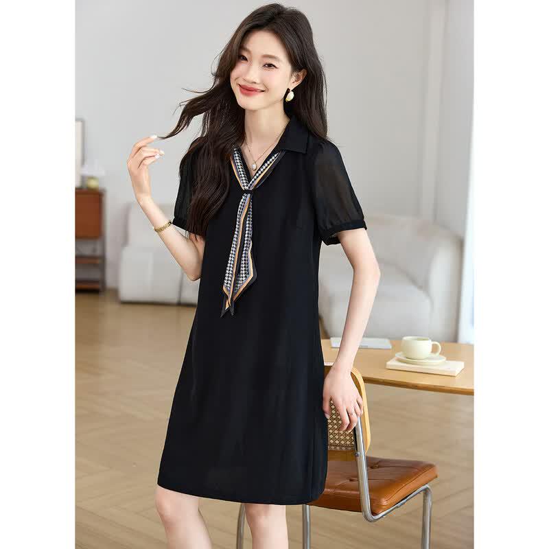 Sanpowa Women s Lapel Patchwork Mid-Length Dress L