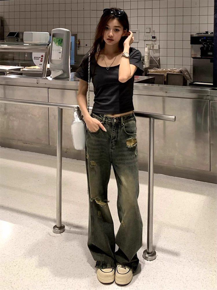 Damen Amerikanische Retro High Waist Petite Wide Leg Ripped Jeans