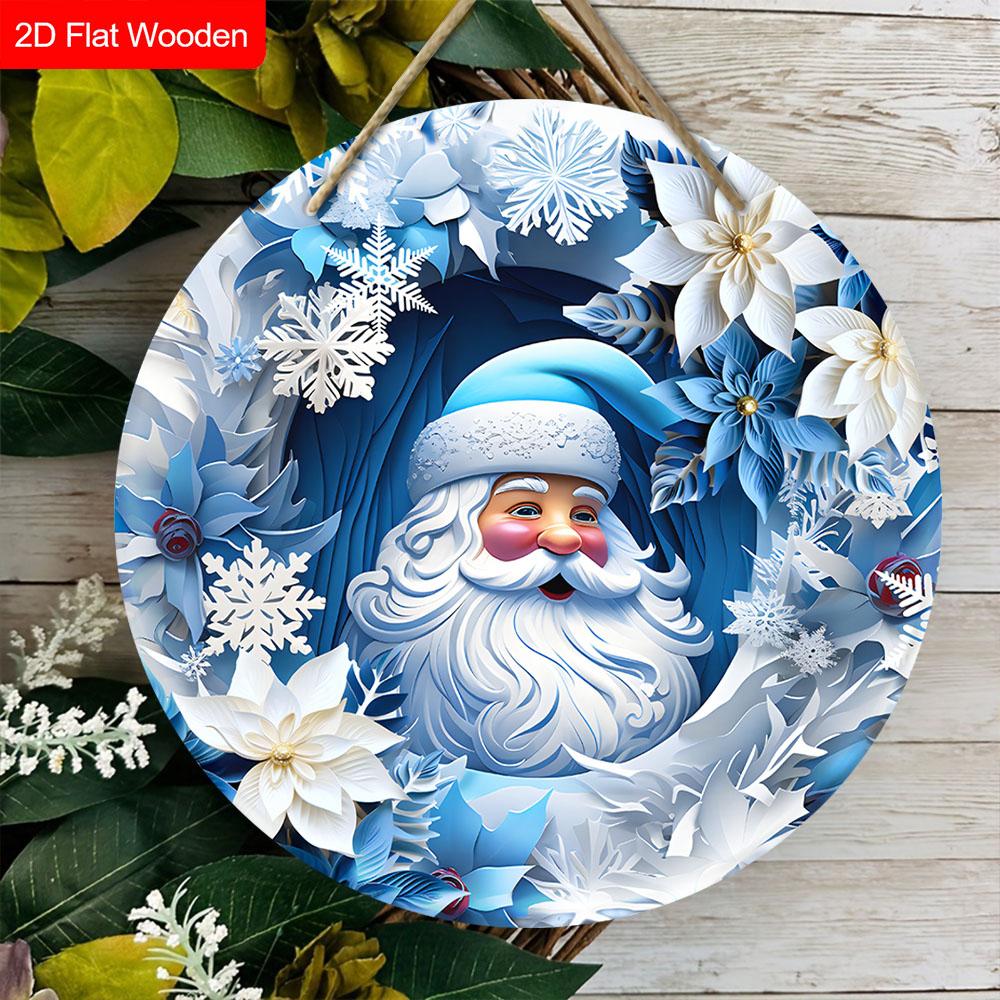 Wooden Christmas Sign with Santa Claus Pattern - Navidad Round Sign for Yard, Front Door, Wall Hanging Decor - Ideal Christmas Decoration