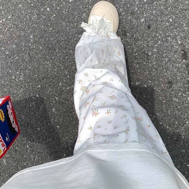 Women's White Ice Silk Floral Wide-Leg Pants - Yamamoto 2025 Collection for Spring, Summer, and Autumn - Casual, Petite, Textured Design