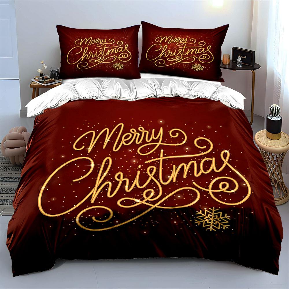 Merry Christmas Gold Text Bedding Duvet Cover Set Duvet Cover Pillowcases  (1*Duvet Cover 2*Pillowcases, without duvet insert)