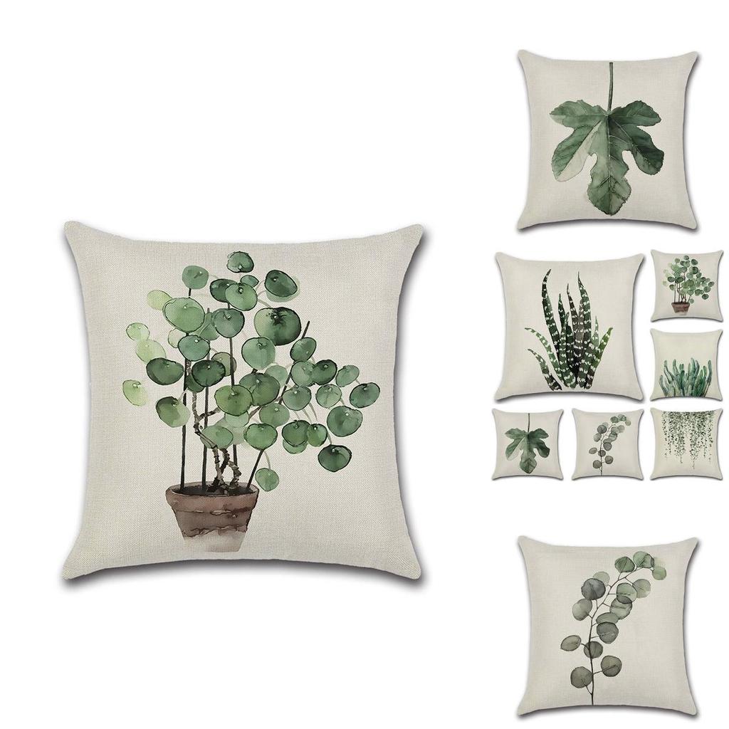 Elegant Green Leaves Patterned Linen Pillow Case Decorative Cushion Cover 18"x18