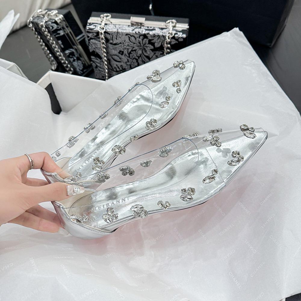 Fashion Crystal Pumps Women's 2025 Summer Banquet Red Bottom Fine Heel Flat Shoes Silver Transparent Water Diamond High Heels Womens