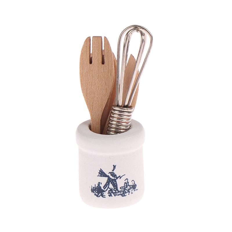 Miniatures Wooden And Fork Metal Whisk Jar Set Accessories Doll House Kitchen