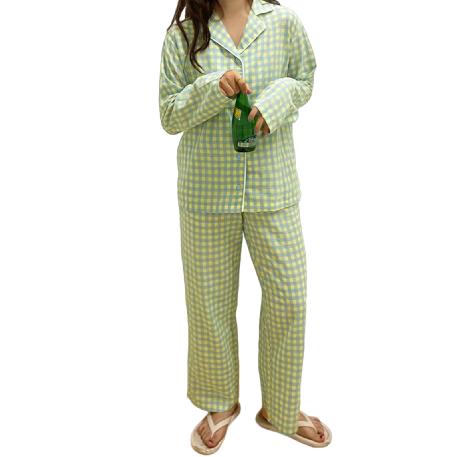 

Топ для дома с длинным рукавом и эластичные брюки с открытым низом, в горошек и клетку, зимний [7-livehouse] Женская пижама, комплект из 2 предметов, брюки, перед, талия, размеры, зелёный