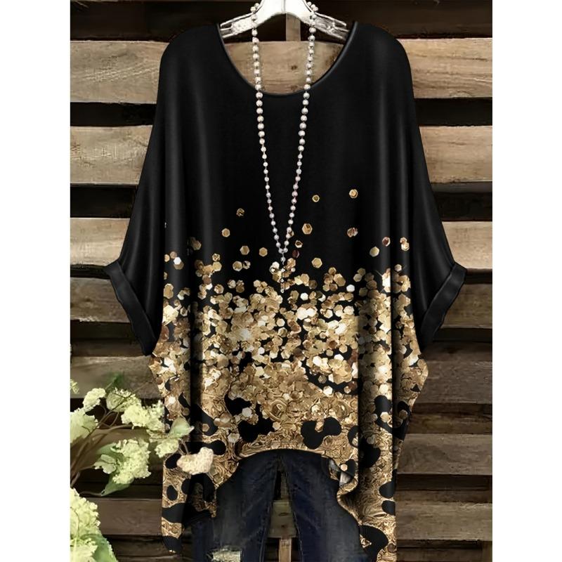 Damskie T-shirty Letnie Gradientowe Sequin Graficzne Topy Dekolt O-neck Damska Odzież Vintage Kwiatowy Nadruk Koszulki Luźne Oversize