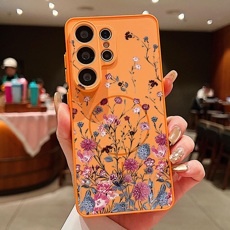 Retro Hot Pink Flower Pattern Case For Samsung Galaxy S26 Ultra S25 Edge S24 Plus S23 FE S22 A54 A55 A56 5G Magnetic For Magsafe Matte Cover