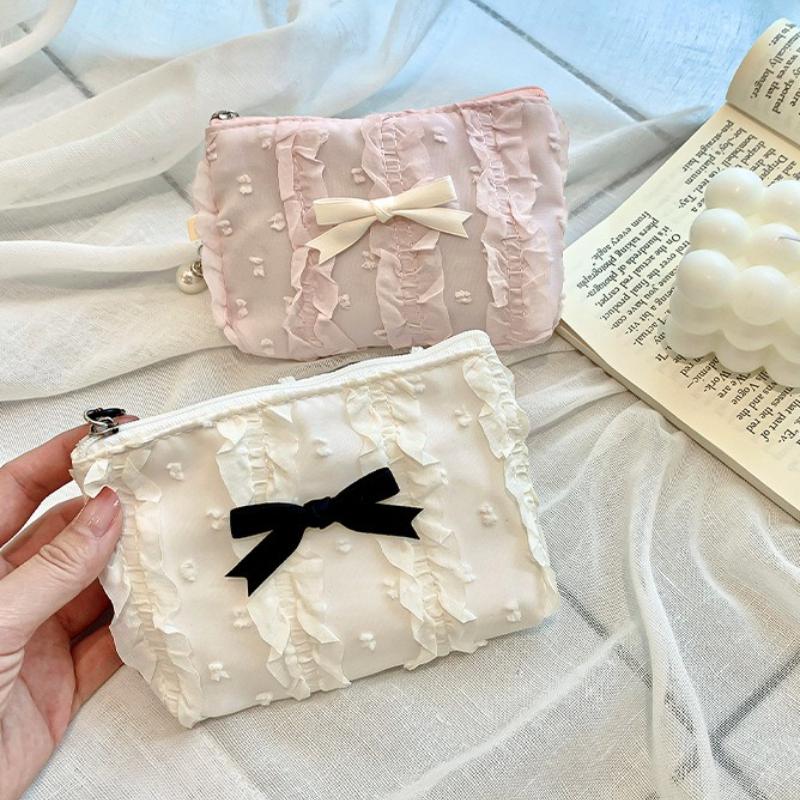 Cute Makeup Bag for Women Korean Style Lace Bow Cosmetic Pouch Large Capacity Travel Toiletry Organizer Zipper Clutch Coin Purse