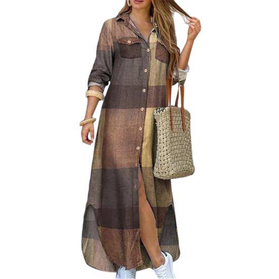 Women Fashion Long Sleeve Printed Pockets Buttons Party Beach Maxi Shirt Dress