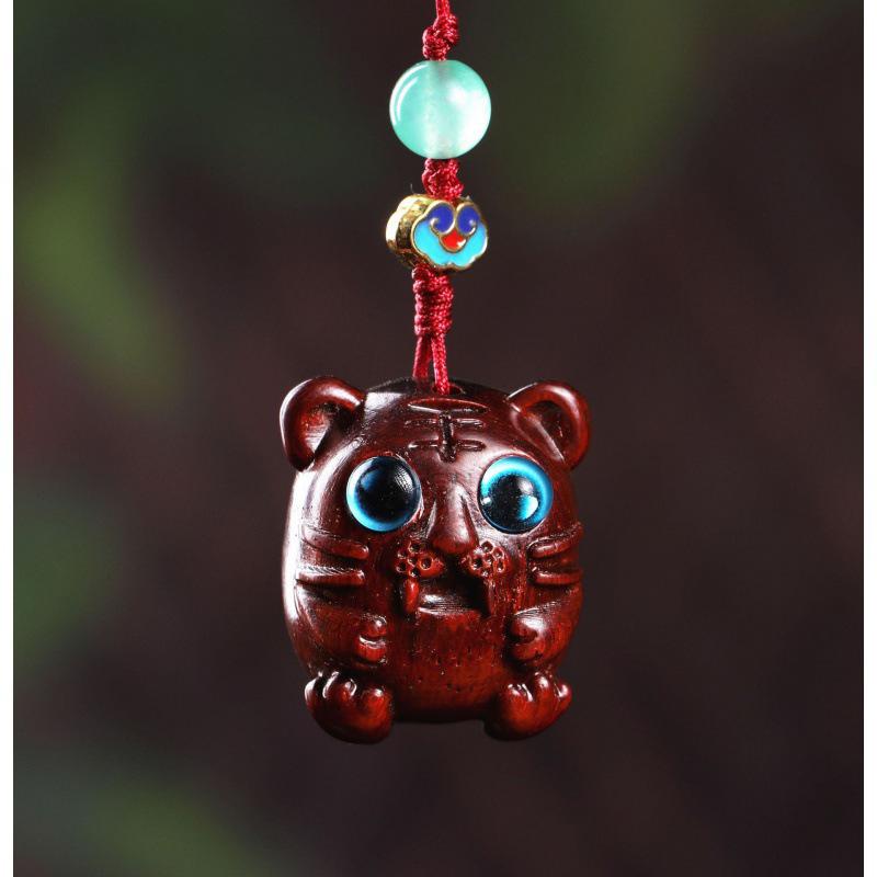 Red and Green Sandalwood Tiger Pendant Phone Charm - First Birthday Gift