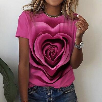 T-shirt dam T-shirt Rosa Blå Lila Rose 3D-tryck Kortärmad Semesterhelg Basic Rund Hals Normal passform Blommålning