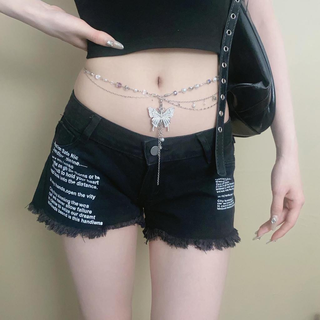 Leichter Luxus Voll-Diamant Schmetterling Quaste Taillenkette für Damen süß und cool Hot Girl runde Perlenkette Spleißgürtel Nische ve