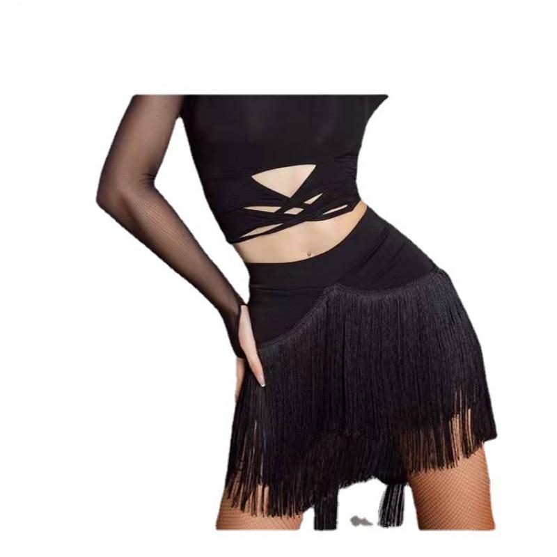 Womens Latin Dance Skirt With Fringe Hem Professional Practice Outfit Milk Silk Stretch