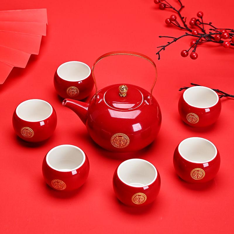 Red Chinese Wedding Tea Set: Complete Gift with Bride's Dowry Tray & Teapot