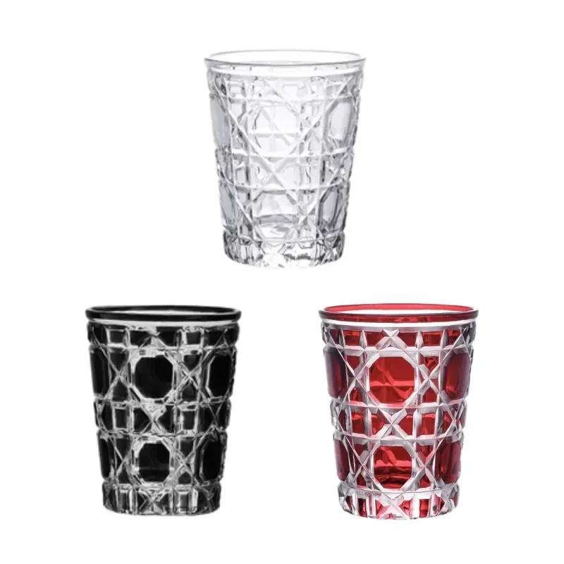 Moda artistică 300-350 ml Pahar rotund în carouri de vin Sticlă de cristal lucrată manual pentru whisky Vodcă Sake Cupă pentru băuturi rafinate