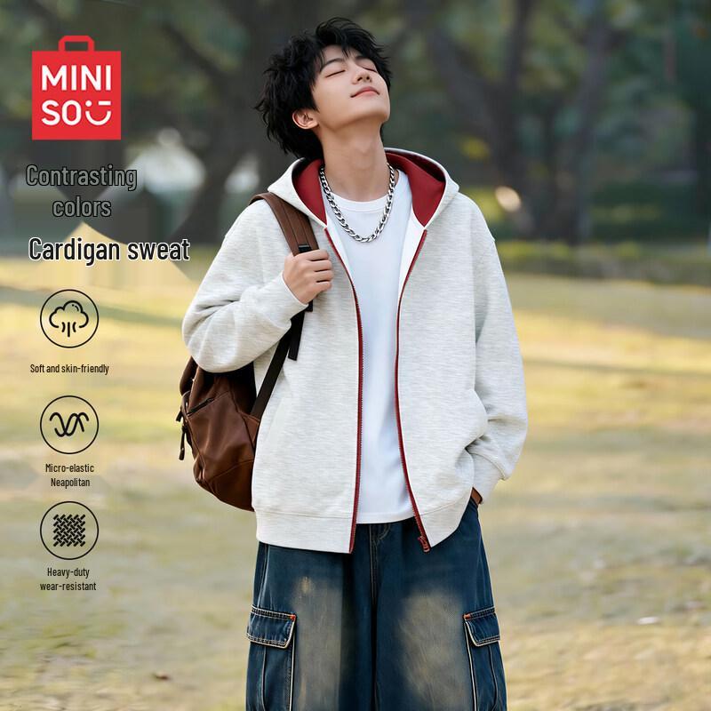 MINISO Men s American Style Color-block Hooded Zip-Up Sweatshirt L