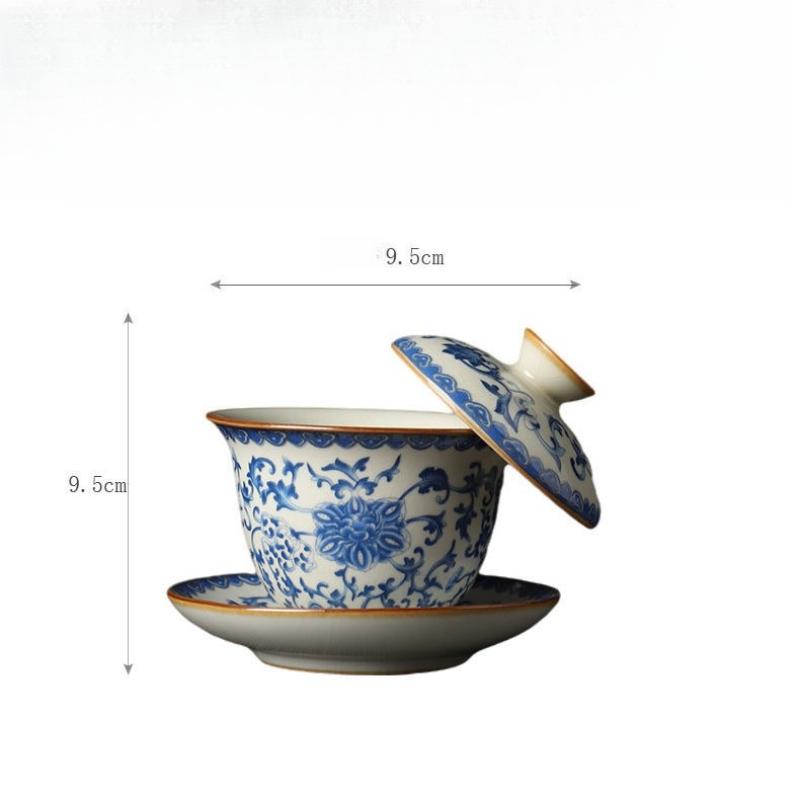 1PC Blue and white Ru kiln gongfu three-piece covered bowl tea cup Chinese style gongfu tea-making bowl