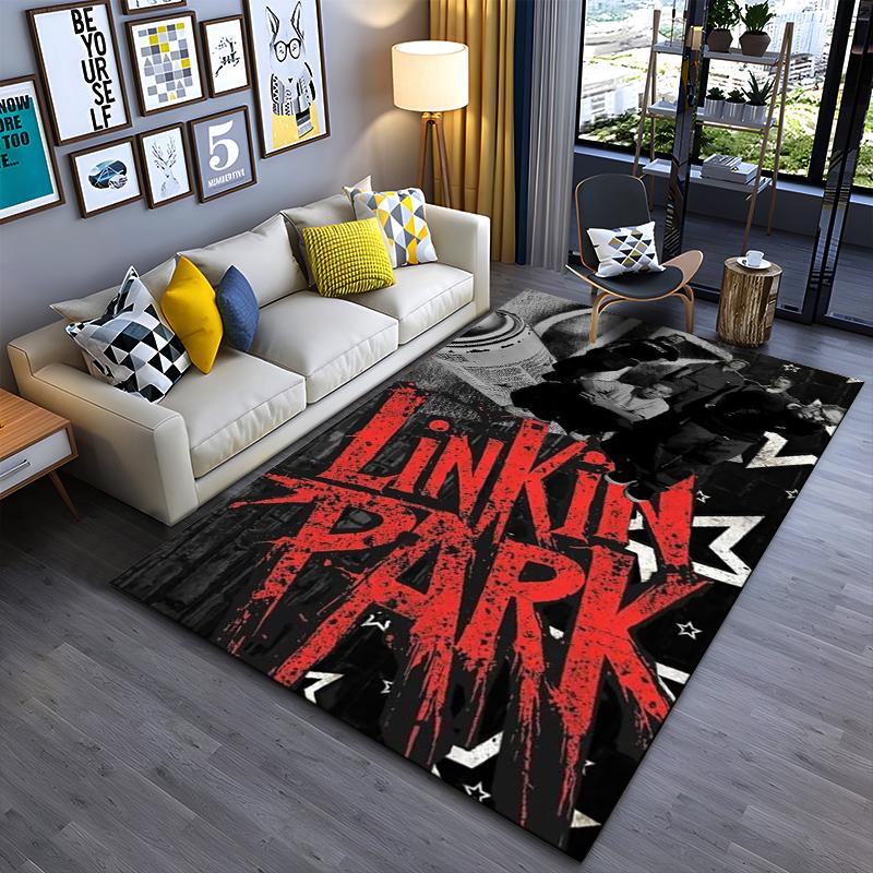 Rock Music Area Rug, Linkin Park Red Graffiti Spray Paint Band Members Urban Print, Music Fan Decor, Non-Slip Mat