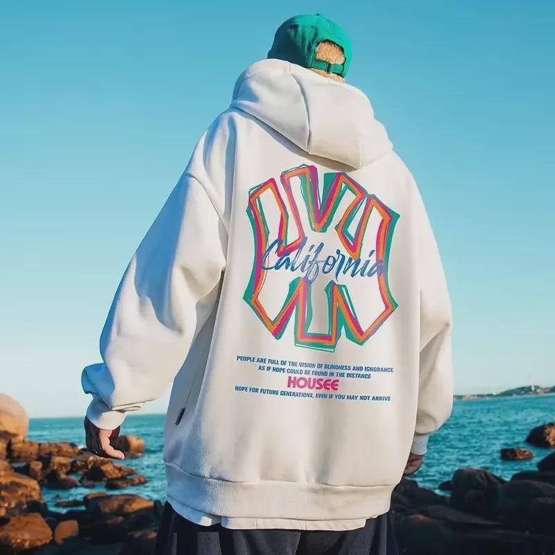 Men's Oversized Hooded Sweatshirt - Autumn/Winter High Street Style, Trendy Velvet-Lined Thick Jacket