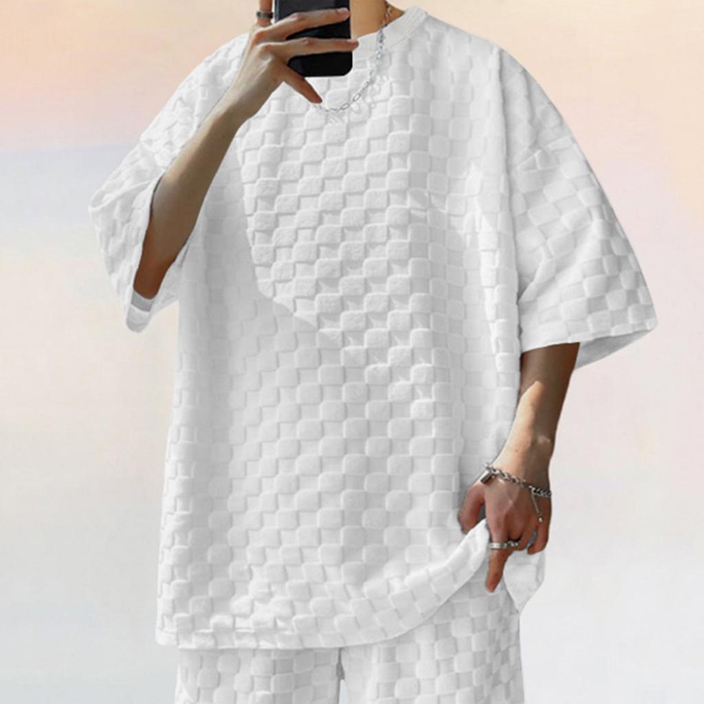 Men's Summer Heavy Checkerboard Men's Short-sleeved T-shirt Loose Drop Shoulder Round Neck Casual T-shirt Men