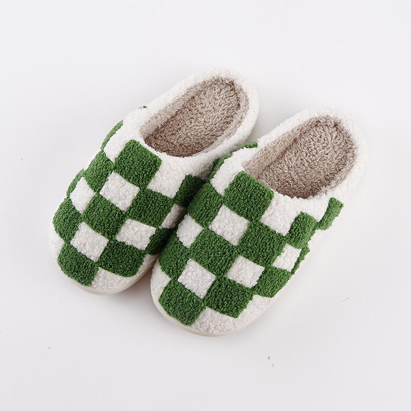 New Comfortable Home Checkerboard Warm Winter Cotton Slippers Couple Men and Women Thick-soled Soft-soled Cotton Shoes Thickened Non-slip