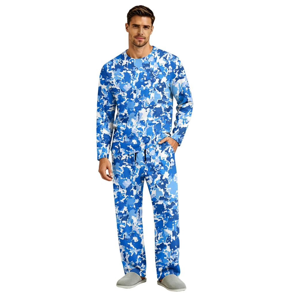 Men's Long Sleeve Pajama Set with Button Crotch and Elastic Drawstring Waist Pants for Home Loungewear