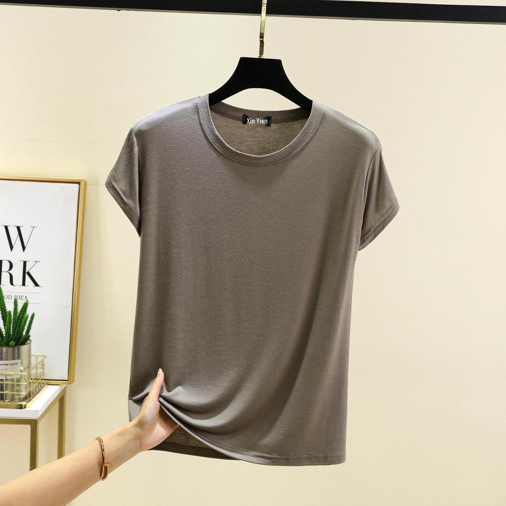 Damski bawełniany T-shirt z krótkim rękawem w jednolitym kolorze – Casualowy luźny krój, prosty letni styl