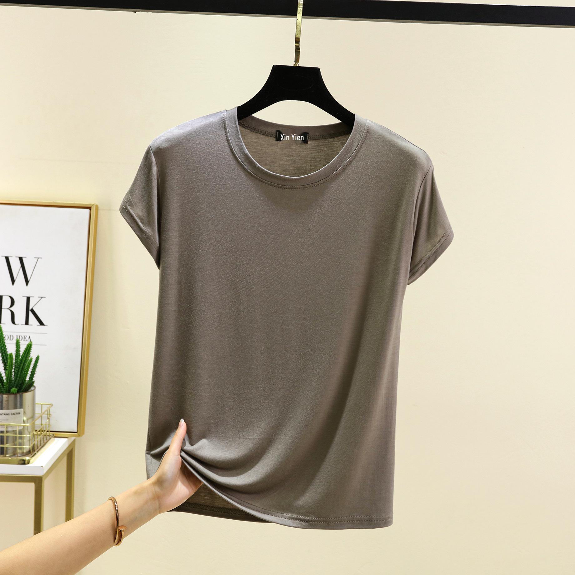 

Женский модальный топ с круглым вырезом и коротким рукавом - Свободный, Легкий, Большого размера, Однотонный Five Extra Large серый/зелёный