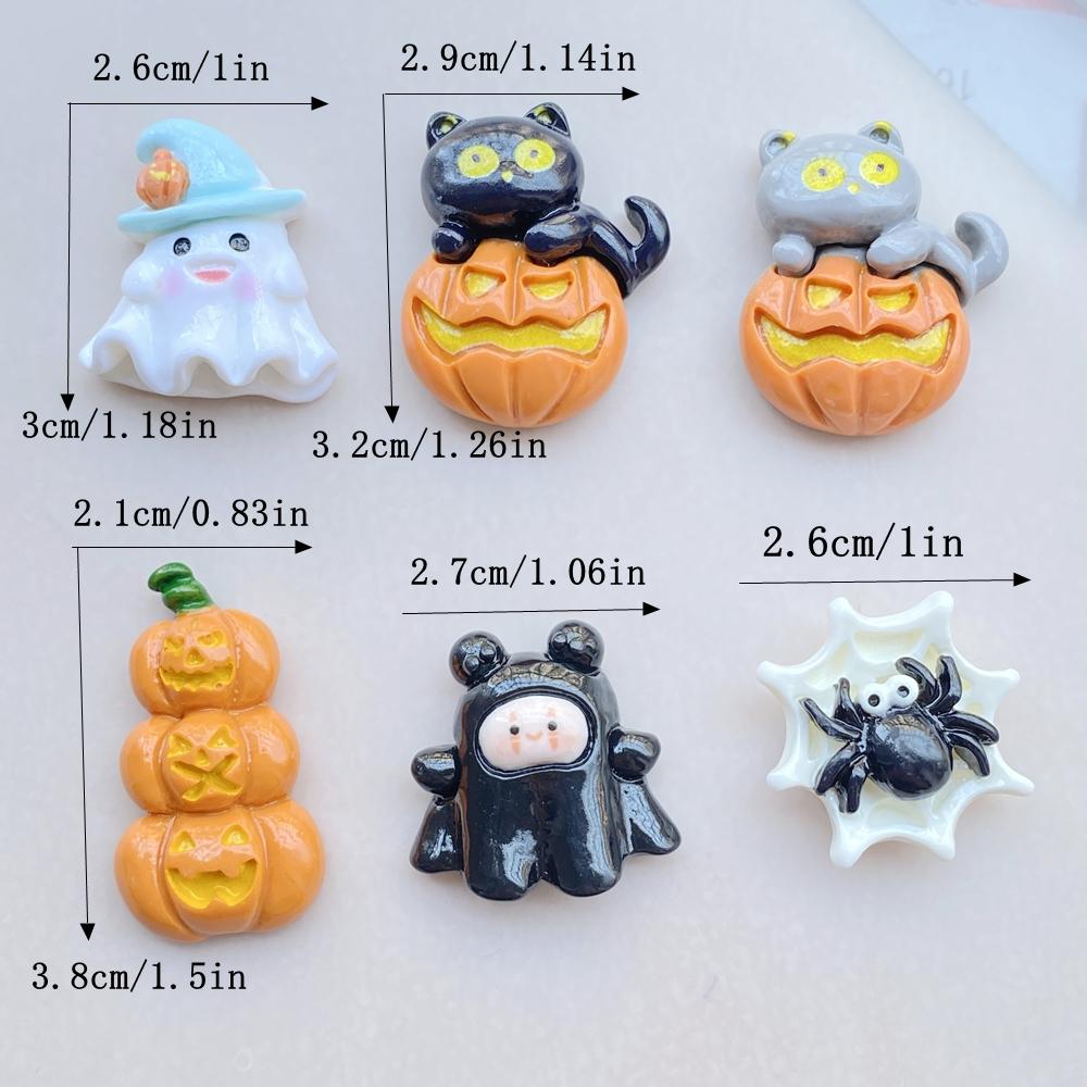 6Pcs New Cute Resin Cartoon Halloween Spiders, Pumpkins, Cats Series Flat Back Parts Embellishments For Hair Bows Accessories