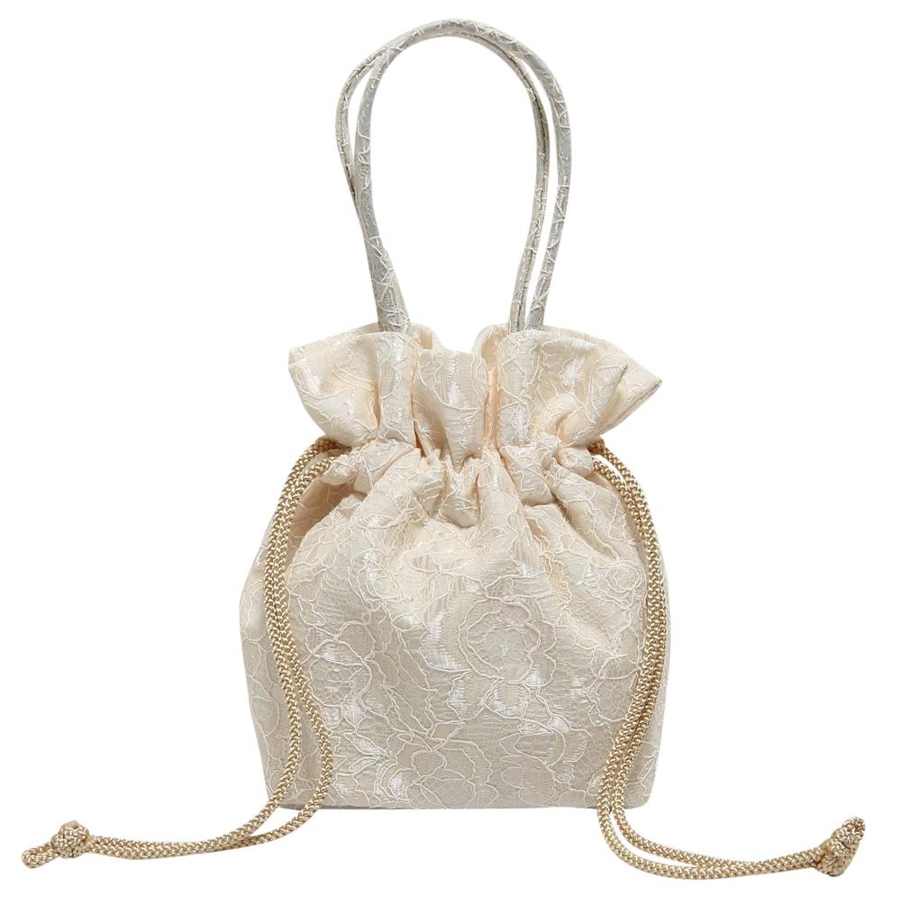 [Hasegawa] Lace Drawstring Bag with Handle, Suitable for Japanese Clothing, Kimono, and Yukata, Made In Japan (beige)