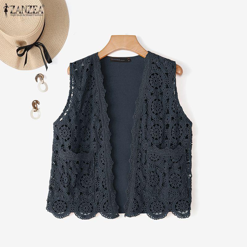 ZANZEA Women Casual Lace Patchwork Sleeveless Cardigan Vest