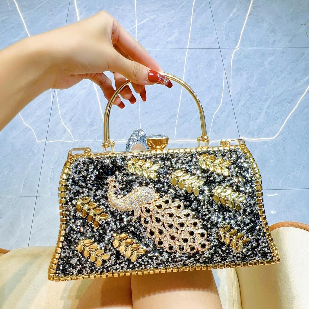 New Peacock Flower Sculpture Banquet Bag Elegant Wedding Cheongsam Luxury Full Diamond Handheld Crossbody Bag