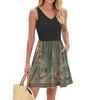 Women's Summer Fashion Casual V-neck Pleated Patchwork Vintage Floral Print Sleeveless Pocket Vest Dress