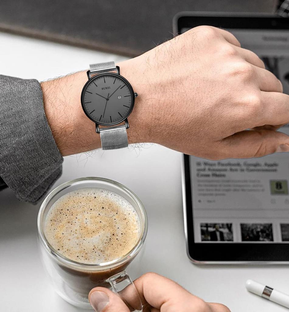 BUREI Milanese Mesh Date Silver Brand Name Men's Watch, Simple, Waterproof, Analog, Business, Style, Strap, Stylish, Popular, Display, Gray,