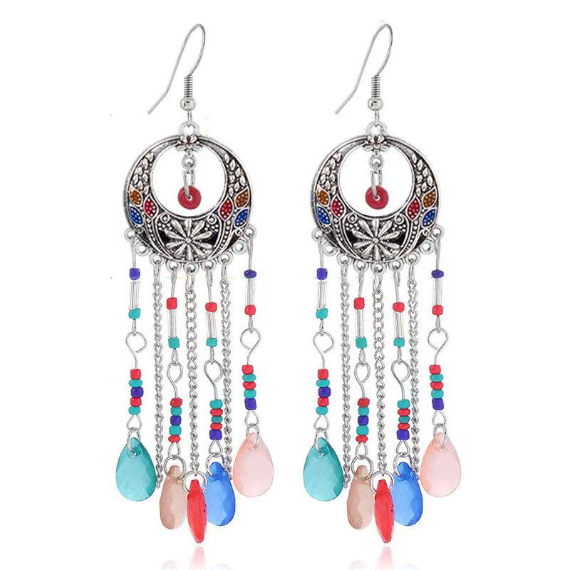 Super Fairy Tassel Long Retro Earrings Women'S Summer Ethnic Vacation Style Stud Earrings Water Droplets Colored Rice Beads Beaded Earrings
