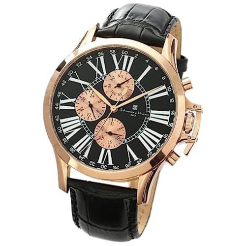 Authentic Salvatore Marra Wristwatch SM23101-PGBK, Water Resistant, Date and Day Display, Leather Strap, PGBK