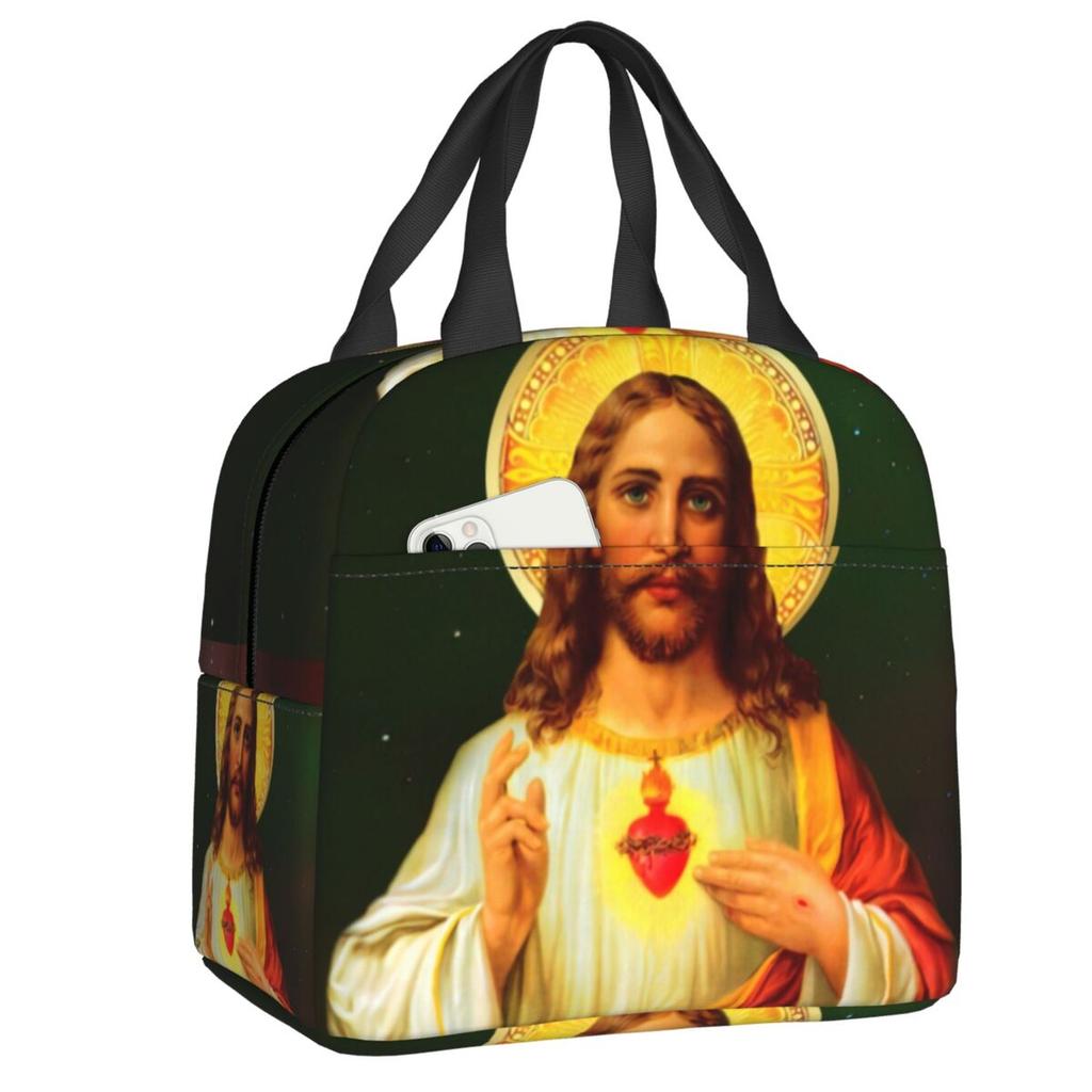 Custom Sacred Heart Of Jesus Lunch Bag Women Thermal Cooler Insulated Lunch Box for Kids School Children